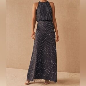Adrianna Papell Dark Gray Madigan Beaded Formal Maxi Dress